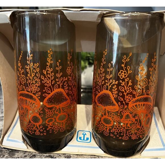 Anchor Hocking Other - Vintage Anchor Hocking Glasses Orange Mushroom Garden 6” Tall 16 oz Set 4 NOS
